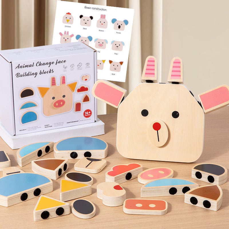 New Children'S Early Education Educational Animal Face-Changing Puzzle Wooden Toys Early Education Three-Dimensional Building Blocks Baby'S Concentration Training - Image 1